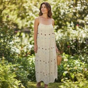 English Factory Midi Dress Size Small Cream Fringe Dots Cottagecore Artsy Shift